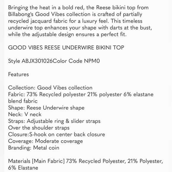 Billabong Good Vibes Reese Underwire Top Size L - Picture 4 of 4